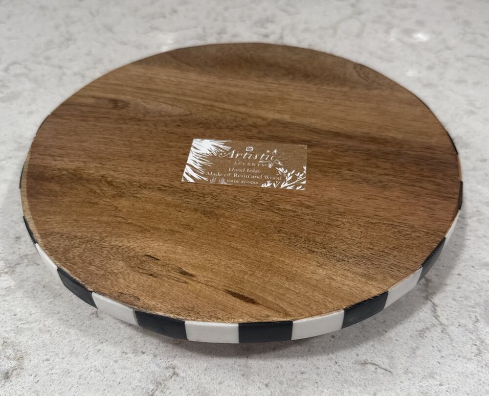 Checkered Black & White Enamel Inlay Wood 9” Round Table Scape Tray Riser NEW